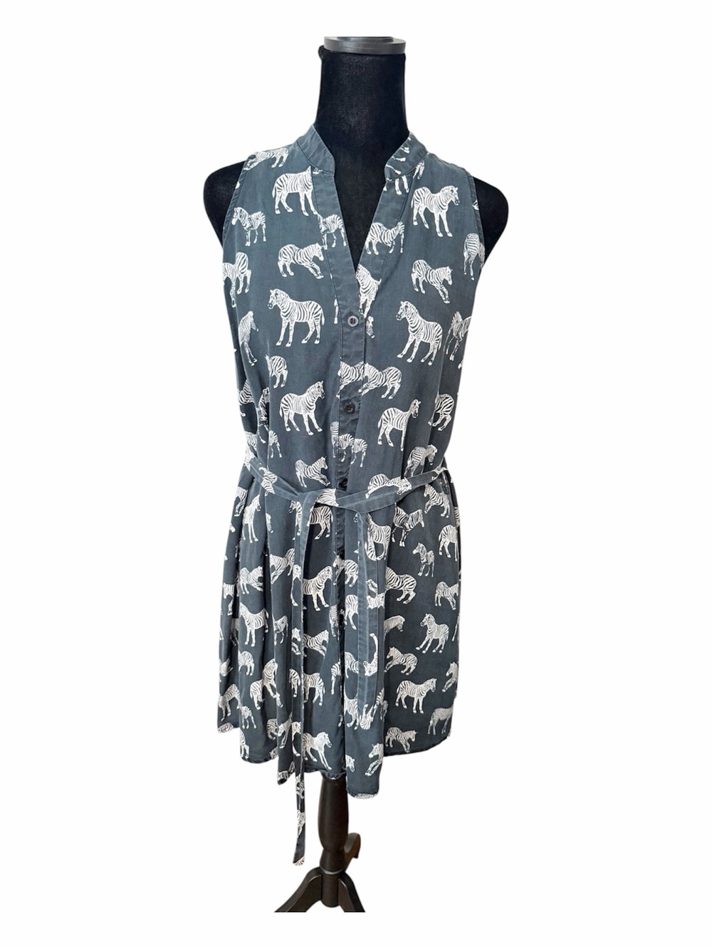 Porridge Zebra Print Sleeveless Dress Gray Belted Button Front Safari Animal 0 2